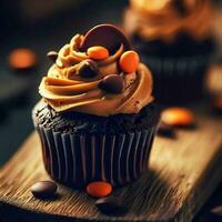 A chocolate cupcake with peanut butter frosting and Reese's pieces on top on a wooden board, Ai Generative photo