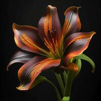 A beautiful lily on black background, top view, Ai Generative photo