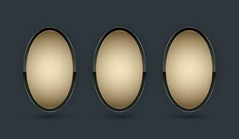 THREE Gold ellipse shape button vector illustration. 3 premium elegant design for empty oval emblem, medal or badge, isolated on black background