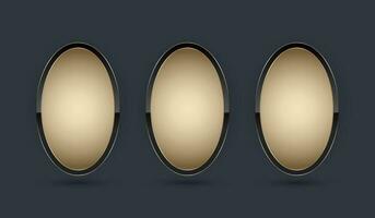 THREE Gold ellipse shape button vector illustration. 3 premium elegant design for empty oval emblem, medal or badge, isolated on black background