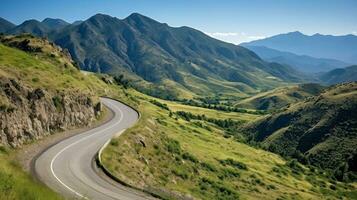 Mountain road. Landscape with rocks, sunny sky with clouds and beautiful asphalt road in the evening in summer. Highway in mountains, Generative AI illustration photo