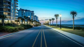 Empty asphalt road beside the sea background, highway beside the sea, outdoors horizontal image, Generative AI illustration photo