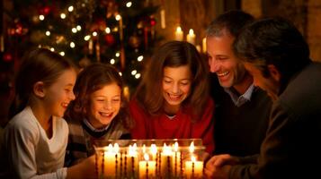 Happy extended Jewish family celebrating Hanukkah while gathering at dining table, candlelight that shines brightly, Generative AI illustration photo