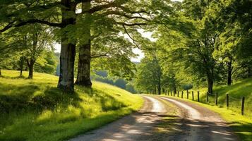 camino camino mediante el otoñal bosque natural forma, la carretera a el tropical bosque campo, relajante con ecológico ambiente, libertad estilo de vida concepto, generativo ai ilustración foto