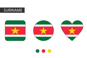 Suriname 3 shapes square, circle, heart with city flag. Isolated on white background. vector