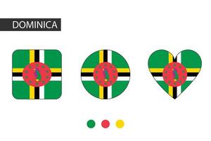 Dominica 3 shapes square, circle, heart with city flag. Isolated on white background. vector