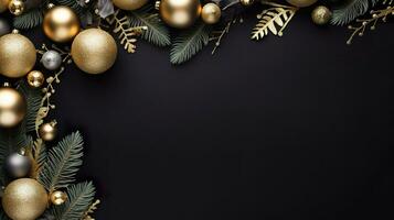 Christmas fir branches and decorations on black background. Generative AI. photo