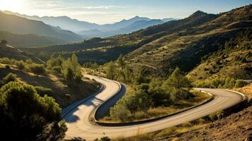 Mountain road. Landscape with rocks, sunny sky with clouds and beautiful asphalt road in the evening in summer. Highway in mountains, Generative AI illustration photo