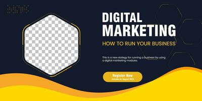 Digital marketing banner concept design with yellow abstract shapes footer banner and Dark blue abstract banner with Hexagon shapes water mark, used for Business banners vector