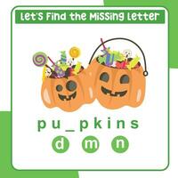 Missing letter worksheet. Complete the letters in English. Educational activity for children. vector