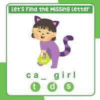 Missing letter worksheet. Complete the letters in English. Educational activity for children. vector