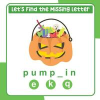 Missing letter worksheet. Complete the letters in English. Educational activity for children. vector