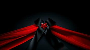 Red ribbon on dark background, World AIDS Day, concept of helping those in need, Generative AI illustration photo