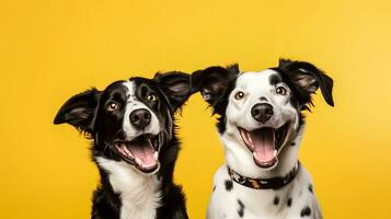 dos contento sonriente perros aislado en amarillo antecedentes. horizontal panorámico bandera modelo con Copiar espacio. adorable mascota retratos ilustración ai generativo foto