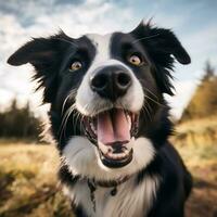 estilo de vida retrato de contento perro. negro y blanco medio mezclado raza sonriente perrito. ai generado foto