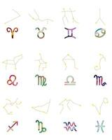 Set Zodiac signs, Colorful zodiacs, Icons for the design of Esoteric with Constellations, astrologic maps, calendars. Vector elements on White background. The color of the element of the month.