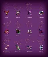 Set Zodiac signs, Colorful zodiacs, Icons for the design of Esoteric with Constellations, astrologic maps, calendars. Vector elements on Purple background. The color of the element of the month