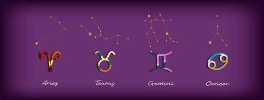 Set Zodiac signs, Colorful zodiacs, Icons for the design of Esoteric with Constellations, astrologic maps, calendars. Vector elements on Purple background. Aries Taurus Gemini, Cancer.