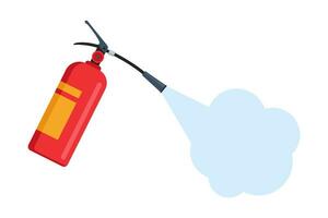 Fire extinguishing. Autonomous red fire extinguisher foam spills onto fire. Safety concept, protective warning. Vector