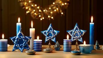 Hanukkah festive celebration concept, glow of the menorah with shining candles and star, Generative AI illustration photo