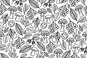 Line art seamless autumnal pattern with linear drawn acorns, leaves, mushrooms. Contour drawn fall seamless repeating pattern. vector