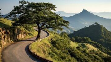 Mountain road. Landscape with rocks, sunny sky with clouds and beautiful asphalt road in the evening in summer. Highway in mountains, Generative AI illustration photo