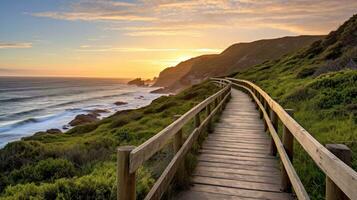 Empty wooden walkway on the ocean coast in the sunset time, pathway to beach, Generative AI illustration photo