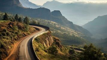 Mountain road. Landscape with rocks, sunny sky with clouds and beautiful asphalt road in the evening in summer. Highway in mountains, Generative AI illustration photo