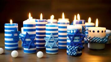 Janucá festivo celebracion concepto, resplandor de el Menorah con brillante velas y estrella, generativo ai ilustración foto