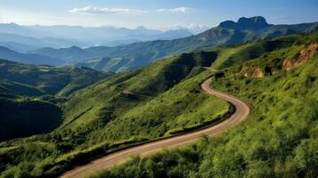 Mountain road. Landscape with rocks, sunny sky with clouds and beautiful asphalt road in the evening in summer. Highway in mountains, Generative AI illustration photo