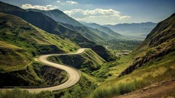 Mountain road. Landscape with rocks, sunny sky with clouds and beautiful asphalt road in the evening in summer. Highway in mountains, Generative AI illustration photo