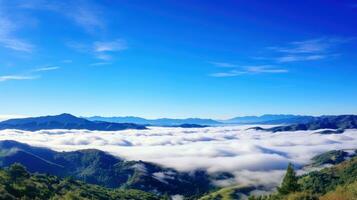 aéreo ver blanco nubes en azul cielo. cima. ver desde zumbido. aéreo aves ojo. aéreo parte superior ver paisaje de nubes cielo fondo, generativo ai ilustración foto