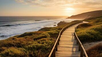 Empty wooden walkway on the ocean coast in the sunset time, pathway to beach, Generative AI illustration photo