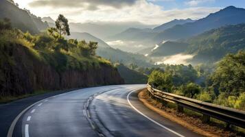 Mountain road. Landscape with rocks, sunny sky with clouds and beautiful asphalt road in the evening in summer. Highway in mountains, Generative AI illustration photo