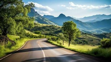 Mountain road. Landscape with rocks, sunny sky with clouds and beautiful asphalt road in the evening in summer. Highway in mountains, Generative AI illustration photo