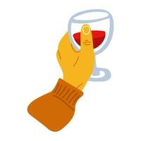 A hand holding a glass of red wine in a flat style. Bright colors of the hand with a glass. A hand with a glass in a sweater. Festive meeting with wine, drinking, clinking glasses. Isolated on a white vector