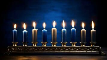 Janucá festivo celebracion concepto, resplandor de el Menorah con brillante velas y estrella, generativo ai ilustración foto