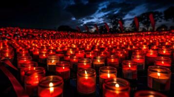 esperanzado remembranza, un solemne luz de una vela vigilia en contra reconfortante diseños en mundo SIDA día, generativo ai ilustración foto