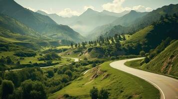 Mountain road. Landscape with rocks, sunny sky with clouds and beautiful asphalt road in the evening in summer. Highway in mountains, Generative AI illustration photo