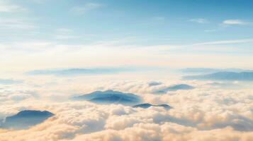 aéreo ver blanco nubes en azul cielo. cima. ver desde zumbido. aéreo aves ojo. aéreo parte superior ver paisaje de nubes cielo fondo, generativo ai ilustración foto