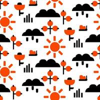 Summer pattern with geometric flat objects. Vector seamless pattern with a summer mood. Geometric symbols of the spring theme sun, clouds, berries, butterflies, grass, rain, flowers. Minimalistic