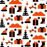 Geometric New Year's pattern. Christmas items in orange and black colors. Flat vector creative motif. Template for New Year greetings, banner, poster and calendar. Printing on textiles, paper