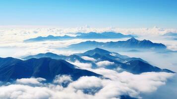 aéreo ver blanco nubes en azul cielo. cima. ver desde zumbido. aéreo aves ojo. aéreo parte superior ver paisaje de nubes cielo fondo, generativo ai ilustración foto