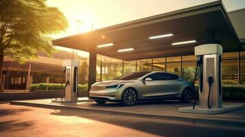 Electric car at futuristic charging station. Selected focusing. Eco alternative transport and battery charging technology concept, electric hybrid machine, Generative AI illustration photo