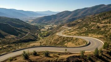 Mountain road. Landscape with rocks, sunny sky with clouds and beautiful asphalt road in the evening in summer. Highway in mountains, Generative AI illustration photo