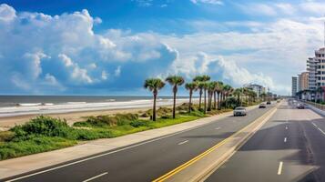 Empty asphalt road beside the sea background, highway beside the sea, outdoors horizontal image, Generative AI illustration photo