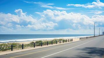 Empty asphalt road beside the sea background, highway beside the sea, outdoors horizontal image, Generative AI illustration photo