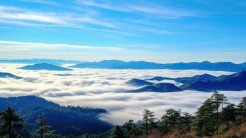 aéreo ver blanco nubes en azul cielo. cima. ver desde zumbido. aéreo aves ojo. aéreo parte superior ver paisaje de nubes cielo fondo, generativo ai ilustración foto