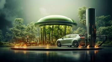 Electric car at futuristic charging station. Selected focusing. Eco alternative transport and battery charging technology concept, electric hybrid machine, Generative AI illustration photo