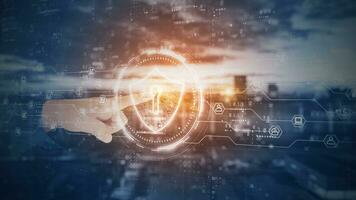 Hands touch Shield of Cyber Security Digital Data, Technology Global Network Digital Data Protection, Future Background Concept. 3D Rendering photo
